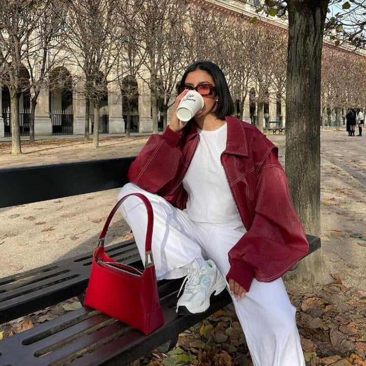 Renée | Oversized Contrast-Stitch Bomber Jacket